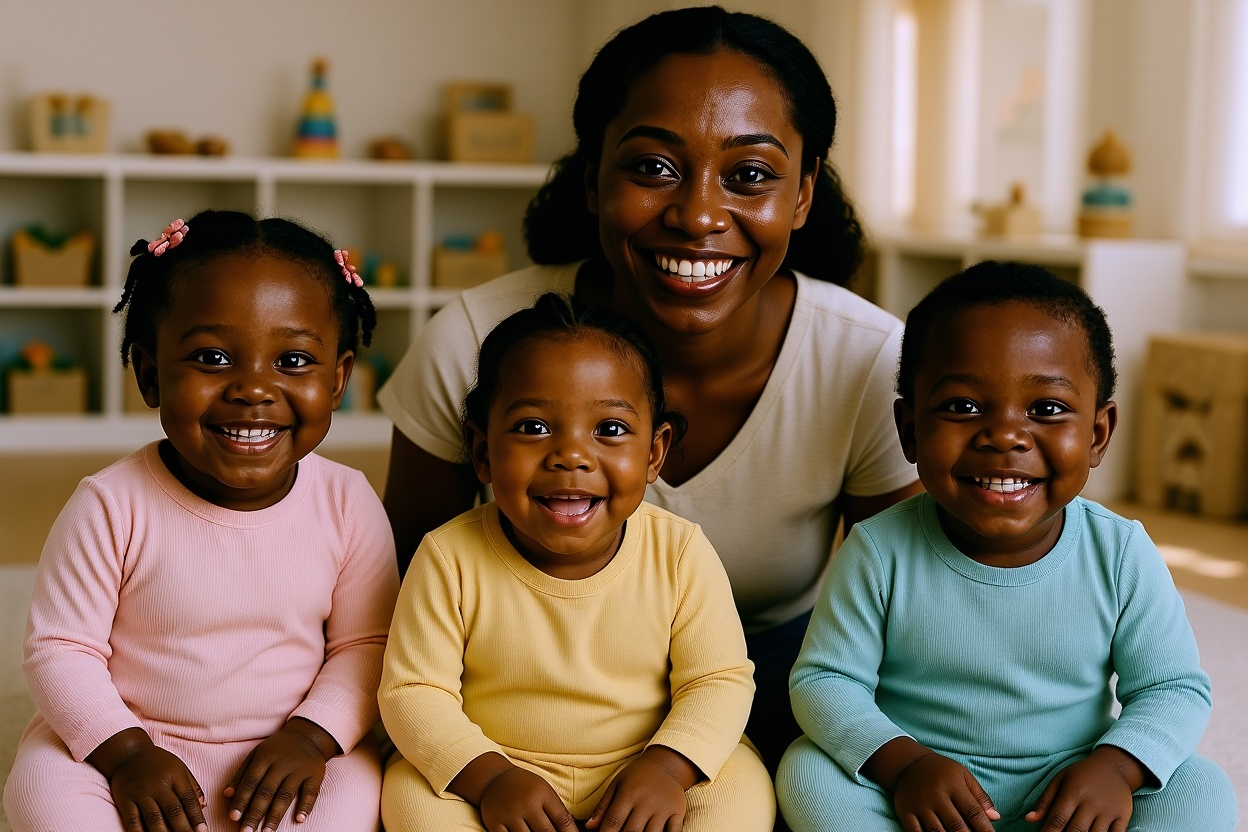 Happy children playing with caring caregivers in a bright nursery